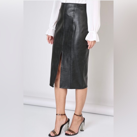FAUX LEATHER FRONT SLIT MIDI SKIRT KNITTED SKIRT COMPLETELY COATED W/PU - Picture 2 of 3
